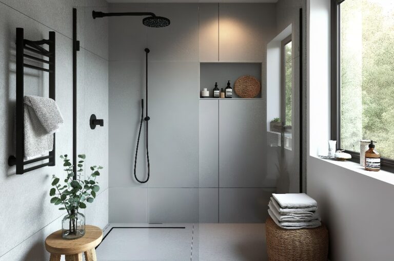 Modernes Badezimmer mit einer minimalistischen begehbaren Dusche.