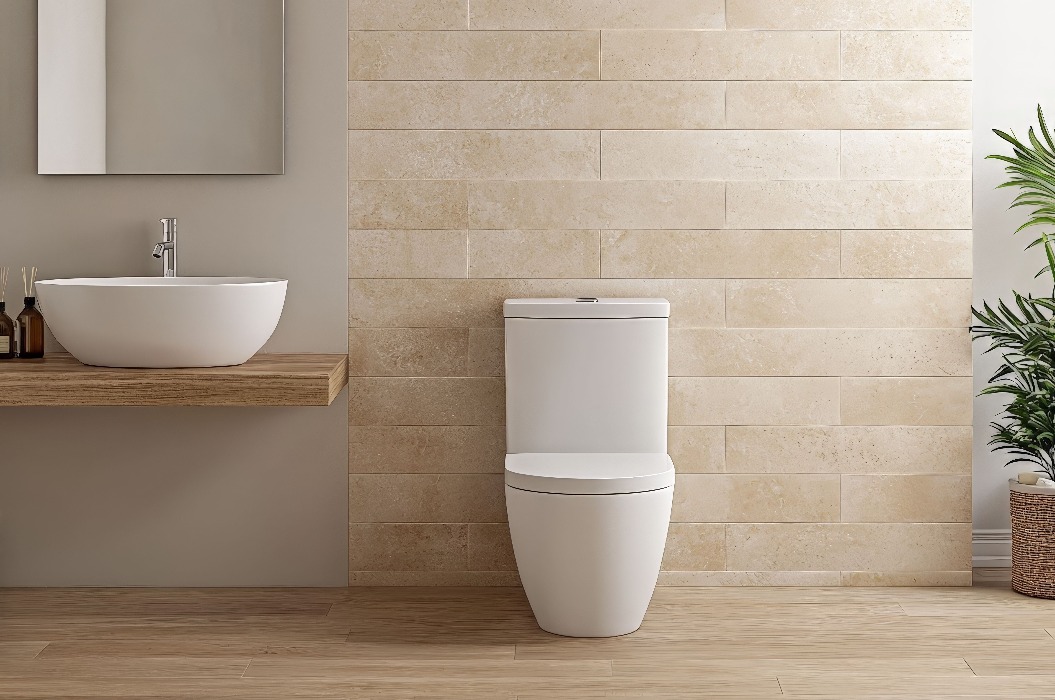 Ein modernes Badezimmer mit minimalistischem Design, einer weißen Toilette, einem stilvollen Waschbecken, Holzakzenten und einem Hauch von Grün.