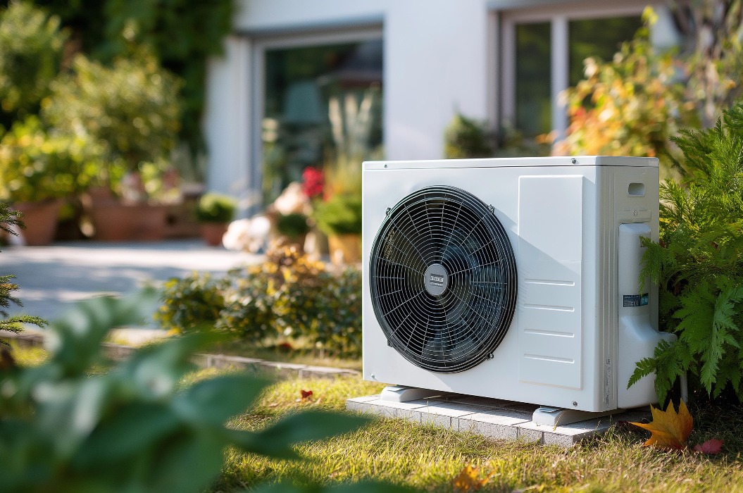 Halbnahaufnahme einer Wärmepumpenanlage, die vor einem Haus im Garten installiert ist